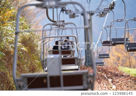 Climbing the mountain on an autumn-colored lift 123986145