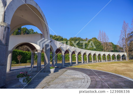 A park scene with a winter corridor against a blue sky A park scene with a winter corridor against a blue sky 123986336