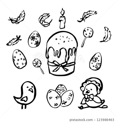Hand drawn doodle easter elements isolated on white. Chicks, cakes, eggs, treat, candy, feathers, candle. Vector illustration. Design for print, postcard. Hand drawn doodle easter elements isolated on white. Chicks, cakes, eggs, treat, candy, feathers, candle. Vector illustration. Design for print, postcard. 123986463