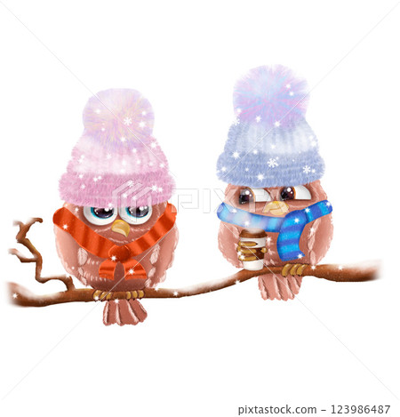 Drawn owls with coffee in winter in hats and scarves without background. 123986487