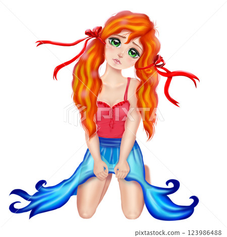Drawn red-haired beautiful girl. Sad, crying. 123986488