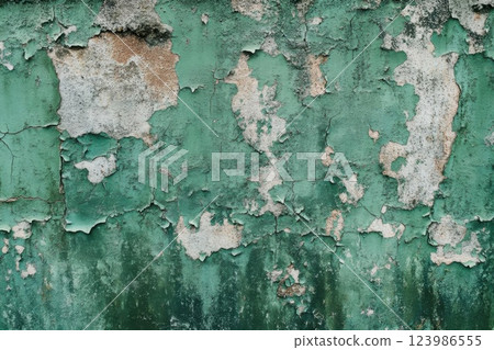 Green Paint Peeling Texture Shows Age and Decay with Wall Background, Old House, and Grunge Effect Green Paint Peeling Texture Shows Age and Decay with Wall Background, Old House, and Grunge Effect 123986555