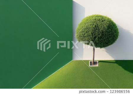 Green Tree Stands on Grass Patch with White and Green Background, Minimalist Garden Design. Green Tree Stands on Grass Patch with White and Green Background, Minimalist Garden Design. 123986556