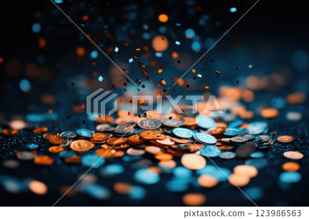 Coins and Confetti Falling Gracefully onto a Sparkling Surface, Wealth and Celebration. 123986563