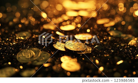 Gold Coins Glitter On Black Surface, Representing Wealth And Treasure Concept. Gold Coins Glitter On Black Surface, Representing Wealth And Treasure Concept. 123986565