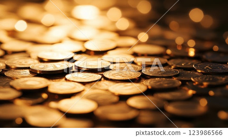 Golden Coins Gleaming Under Soft Light, Finance Concept Golden Coins Gleaming Under Soft Light, Finance Concept 123986566
