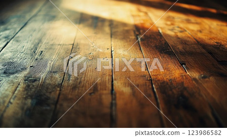 Sunlight Illuminates Rustic Wooden Floor with Texture and Warmth, Cozy Interior Design Idea. 123986582