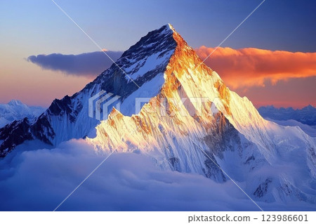 Majestic Mountain Peak Stands Tall Against Dramatic Sunset Sky with Clouds, Peak of Serenity. 123986601