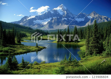 Mountain Reflects in Lake with Trees. Pristine Nature Landscape with Alpine Serenity and Wilderness Exploration. Mountain Reflects in Lake with Trees. Pristine Nature Landscape with Alpine Serenity and Wilderness Exploration. 123986604