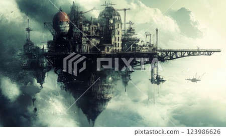 Floating City Above the Clouds, Industrial Architecture with Fantasy Concept 123986626
