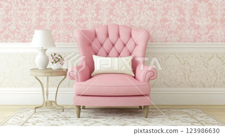 Pink armchair sits elegantly in a room with floral wallpaper, showcasing interior design and home decor. 123986630