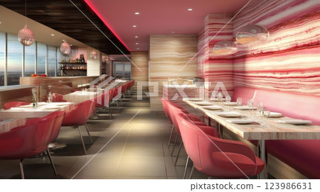 Modern Restaurant Interior Design with Pink and Marble Decor. City View Dining Experience. Upscale Restaurant Ambiance Modern Restaurant Interior Design with Pink and Marble Decor. City View Dining Experience. Upscale Restaurant Ambiance 123986631
