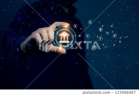 Global currency exchange. Businessman holding virtual banking with sign of dollar yuan yen euro ruble pound sterling BTC. Internet banking payment, world economy, business money transfer and exchange Global currency exchange. Businessman holding virtual banking with sign of dollar yuan yen euro ruble pound sterling BTC. Internet banking payment, world economy, business money transfer and exchange 123986987