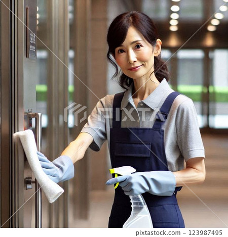 中年婦女在打掃辦公大樓 123987495