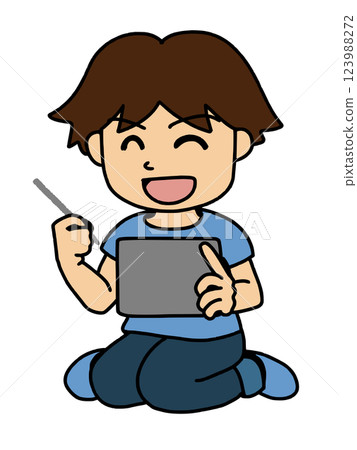 A boy operating a tablet with a big smile. Color A boy operating a tablet with a big smile. Color 123988272