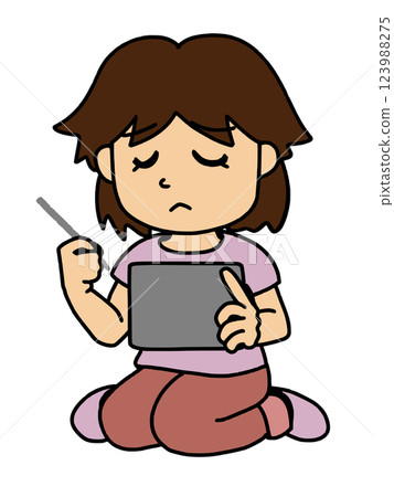 A girl operating a tablet with a sad face Color 123988275