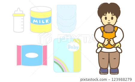 父親抱著嬰兒和兒童保育用品的插圖 123988279