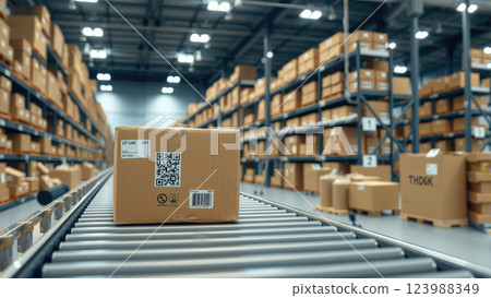 Multiple cardboard box packages move smoothly along a conveyor belt in a busy warehouse fulfillment center. The concept of automation, logistics, and efficient supply chain management. Generative AI. 123988349