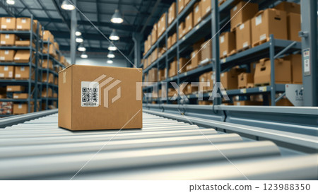 Multiple cardboard box packages move smoothly along a conveyor belt in a busy warehouse fulfillment center. The concept of automation, logistics, and efficient supply chain management. Generative AI. Multiple cardboard box packages move smoothly along a conveyor belt in a busy warehouse fulfillment center. The concept of automation, logistics, and efficient supply chain management. Generative AI. 123988350