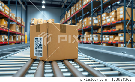Multiple cardboard box packages move smoothly along a conveyor belt in a busy warehouse fulfillment center. The concept of automation, logistics, and efficient supply chain management. Generative AI. Multiple cardboard box packages move smoothly along a conveyor belt in a busy warehouse fulfillment center. The concept of automation, logistics, and efficient supply chain management. Generative AI. 123988365