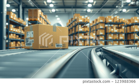 Multiple cardboard box packages move smoothly along a conveyor belt in a busy warehouse fulfillment center. The concept of automation, logistics, and efficient supply chain management. Generative AI. Multiple cardboard box packages move smoothly along a conveyor belt in a busy warehouse fulfillment center. The concept of automation, logistics, and efficient supply chain management. Generative AI. 123988366