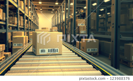 Multiple cardboard box packages move smoothly along a conveyor belt in a busy warehouse fulfillment center. The concept of automation, logistics, and efficient supply chain management. Generative AI. 123988376