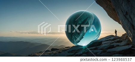 A Stunning Crystal Ball Resting on a Rock with Mountains and Three Moons in the Sky Above 123988537