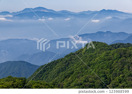 The Hakone mountain range seen from the summit of Mt. Tonodake in Tanzawa in summer 123988599
