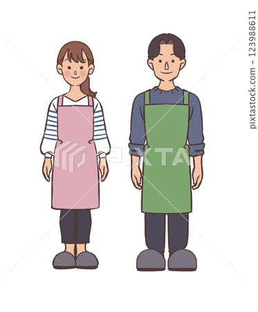Illustration of a couple wearing aprons Illustration of a couple wearing aprons 123988611