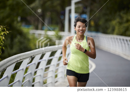young asian woman running jogging outdoors young asian woman running jogging outdoors 123988615
