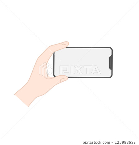Illustration of a smartphone held horizontally in one hand (line drawing, color) 123988652