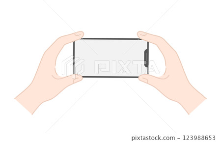 Illustration of a smartphone held horizontally in both hands (line drawing, color) 123988653