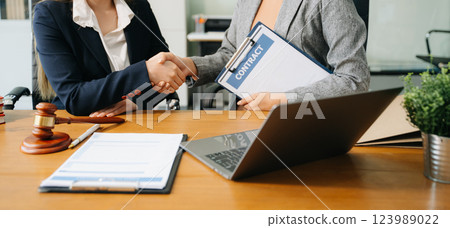 Consultation between a male lawyer and business customer, handshake after good deal agreement, Law and Legal Consultation between a male lawyer and business customer, handshake after good deal agreement, Law and Legal 123989022