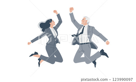 Two business people jumping up and doing a fist pump Senior man and young woman 123990097