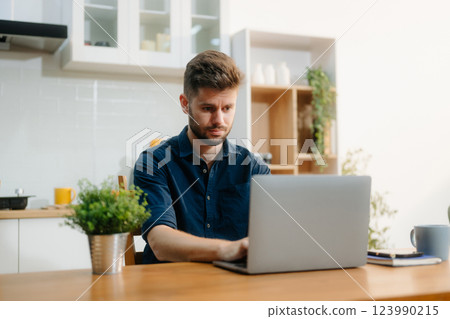 Businessman using laptop while sitting at home. Young man sitting in kitchen and working 123990215