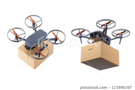Realistic drone carrying the box, 3d rendering. Realistic drone carrying the box, 3d rendering. 123990397