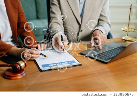 Justice and law concept.Male judge in a courtroom on white table and Counselor 123990673