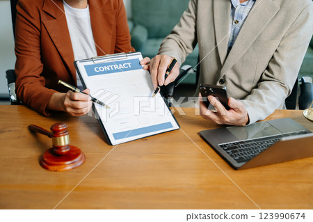 Business and Male lawyer or judge consult having team meeting with client, Law and Legal services 123990674