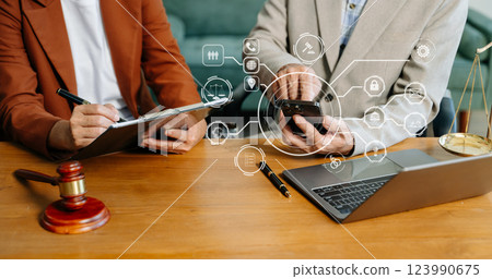 Justice and law concept.Male judge in a courtroom on white table and Counselor 123990675
