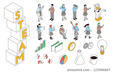 Illustration of an isometric composition depicting the characters of STEAM education and students' future education 123990807