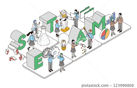 Illustration of an isometric composition depicting the characters of STEAM education and students' future education Illustration of an isometric composition depicting the characters of STEAM education and students' future education 123990808