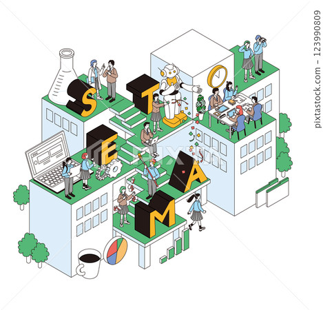Illustration of an isometric composition depicting the characters of STEAM education and students' future education 123990809