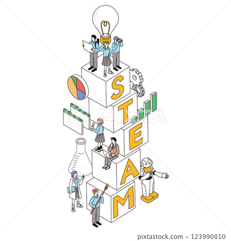 等距構圖插圖描繪了 STEAM 教育和學生未來教育的特徵 123990810
