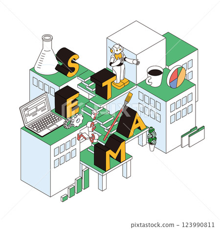 Illustration of an isometric composition depicting the characters of STEAM education and students' future education Illustration of an isometric composition depicting the characters of STEAM education and students' future education 123990811