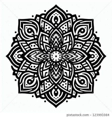 Black and White Floral Mandala Design | Symmetrical Mehndi-Inspired Art | Detailed Geometric Patterns for Coloring Books and Tattoos 123991084