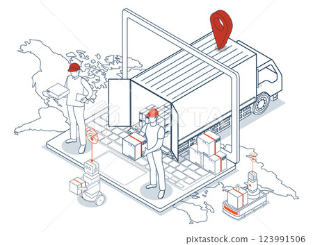 Logistics and Delivery services concept with Truck transport product boxes from suppliers to buyers, streamlined by instant Laptop ordering for quick and efficient delivery. Logistics and Delivery services concept with Truck transport product boxes from suppliers to buyers, streamlined by instant Laptop ordering for quick and efficient delivery. 123991506
