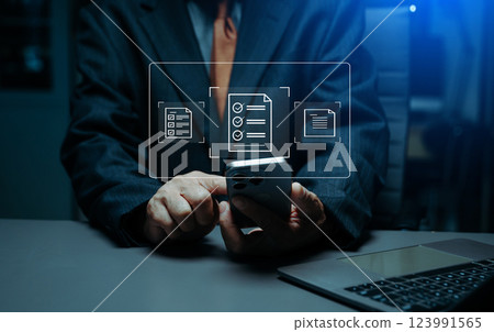 E-document management Paperless workplace, e-signing, electronic signature, document management. businessman signs 123991565