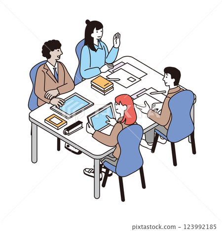 學生在等距構圖中進行討論的插圖 123992185