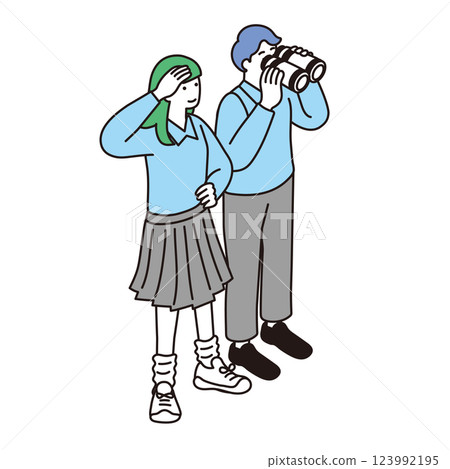 男孩和女孩透過雙筒望遠鏡觀察的等距插圖 123992195
