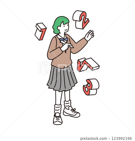 Illustration of a female student studying mathematics holding a pen in an isometric composition 123992198